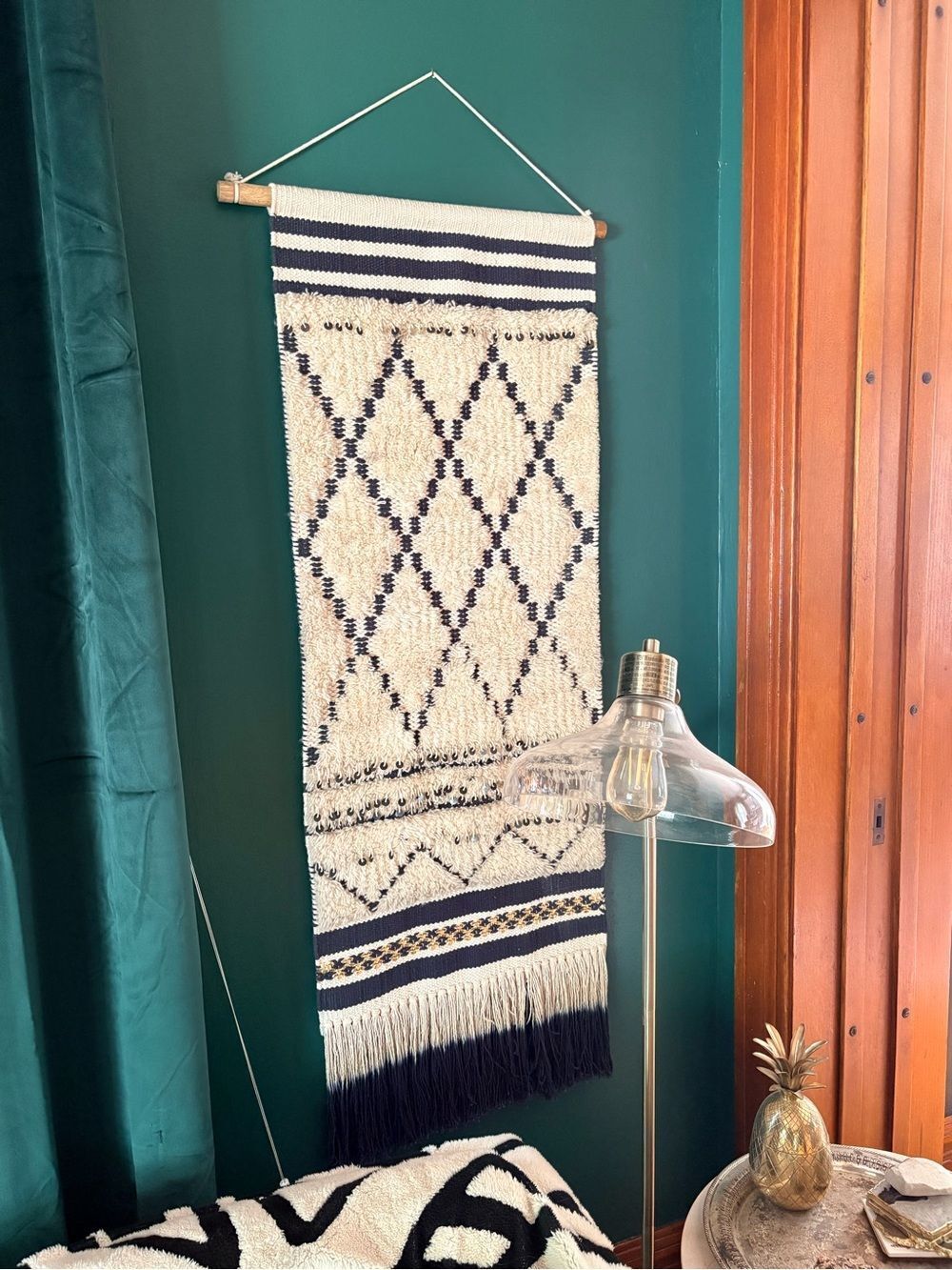 Anthropologie Handwoven Cream and Blue Diamond Wall Hanging - Home Wall Decor